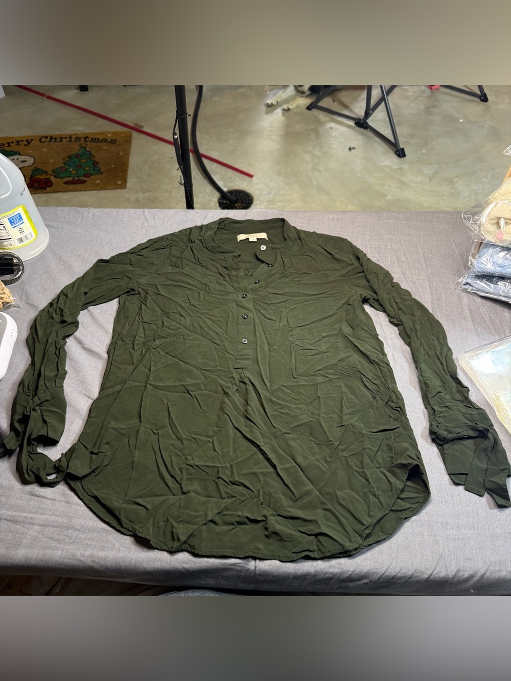 LOFT Olive Button-Up Henley Blouse - Picture 1 of 4